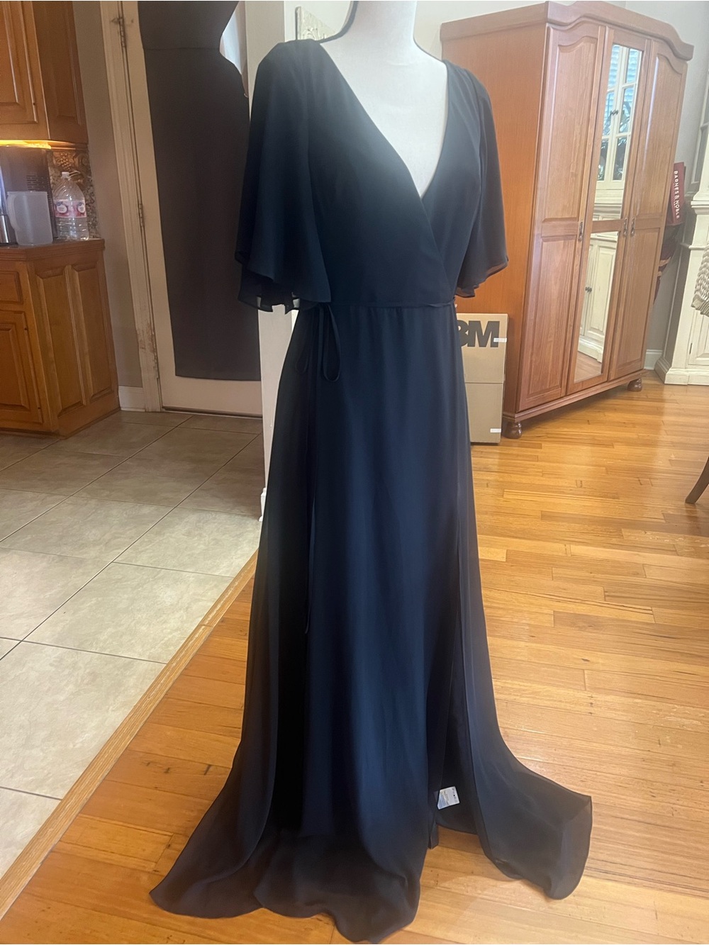 Jenny Yoo Black Wrap Maxi Dress with Flutter Sleeves - Picture 4 of 12